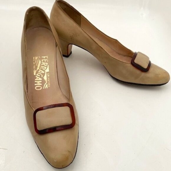 VINTAGE Ferragamo Tan Brown Leather Buckle Pumps Heels Shoes 7 - Picture 2 of 15